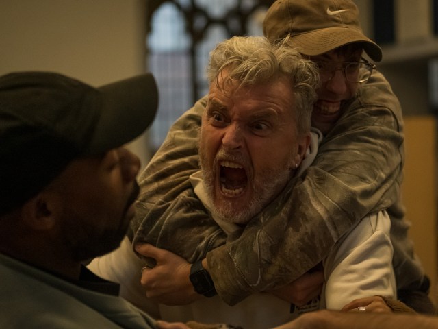 LtoR PETE GALLAGHER AS THE MONSTER WITH CURTIS PATRICK AS IGOR AND ORE ODUBA AS FRANKENSTEIN, credit Tom Sweeney