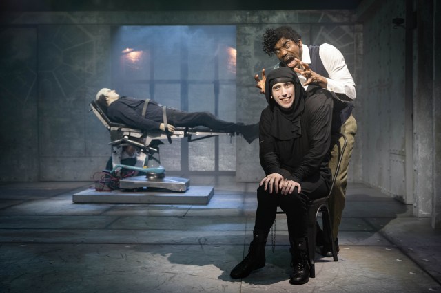 LtoR Pete Gallagher as The Monster, Ore Obuba as Dr Frederick Frankenstein & Curtis Patrick as Igor in YOUNG FRANKENSTEIN, credit Mark Senior