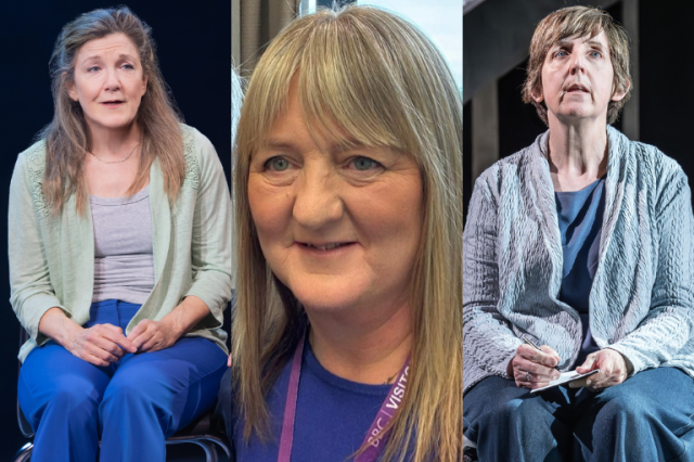 Joan Scourfield (center) and her onstage portrayers, Victoria Clark (left) and Julie Hesmondhalgh (right) (© Matthew Murphy/Marc Brenner)