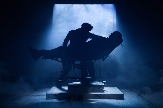 Ore Oduba (back) as Dr Frederick Frankenstein & Pete Gallagher (front) as The Monster in YOUNG FRANKENSTEIN, credit Mark Senior