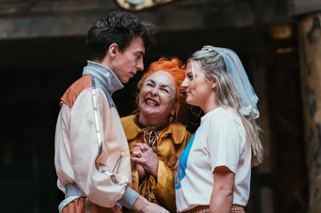 Kasper Hilton-Hille, Samantha Spiro and Charlotte O'Leary in Troilus and Cressida