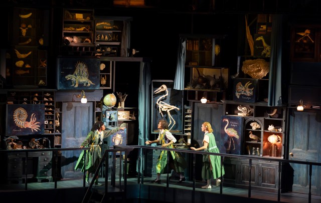 Nina Cassells (Pauline), Sienna Arif Knights (Petrova) and Scarlett Monahan (Posy) in Ballet Shoes (2025) at the National Theatre. (c) Alastair Muir BS00133