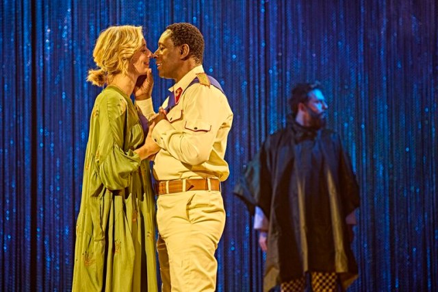 OTHELLO Caitlin FitzGerald (Desdemona) David Harewood (Othello) in Othello, Theatre Royal Haymarket c Brinkhoff Moegenburg