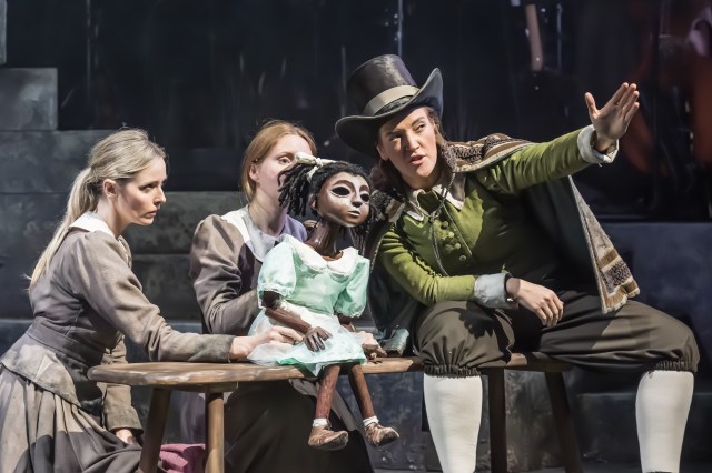 (l r) Diana Vickers (Ensemble), Rosalind Ford (Ensemble), and Lauryn Redding (Nowell) in Coven at Kiln Theatre © Marc Brenner 04297