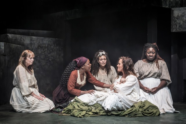 (l r) Jacinta Whyte (Maggie), Gabrielle Brooks (Jenet), Allyson Ava Brown (Nell), Lauryn Redding (Rose) and Shiloh Coke (Frances) in Coven © Marc Brenner 09643
