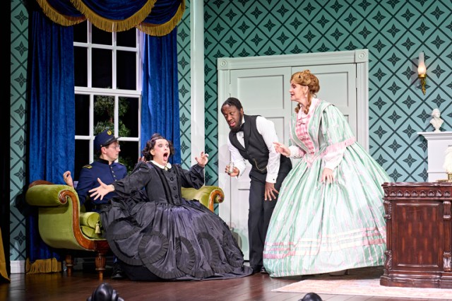 OH, MARY! Oliver Stockley (Mary’s Husband’s Assistant), Mason Alexander Park (Mary Todd Lincoln), Giles Terera (Mary’s Husband) and Kate O’Donnell (Mary’s Chaperone). Photo by Manuel Harlan