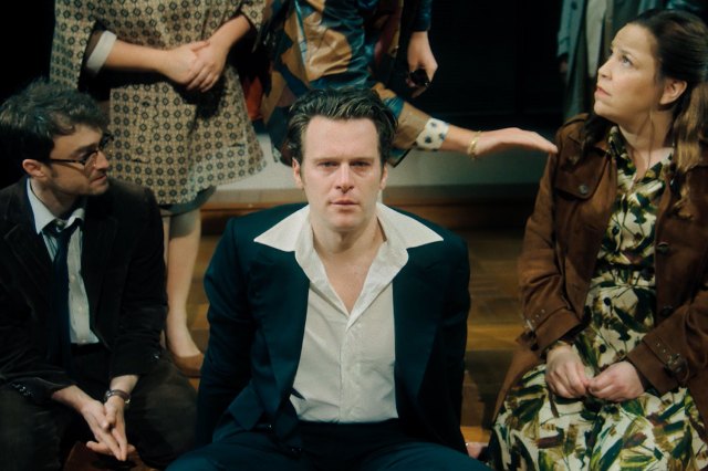 Daniel Radcliffe, Jonathan Groff and Lindsay Mendez, still from the film's trailer