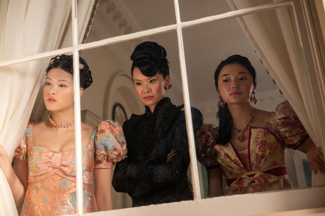 Isabella Wei as Posy Li, Katie Leung as Lady Araminta Gun, Michelle Mao as Rosamund Li in Bridgerton, photo by Liam DanielNetflix