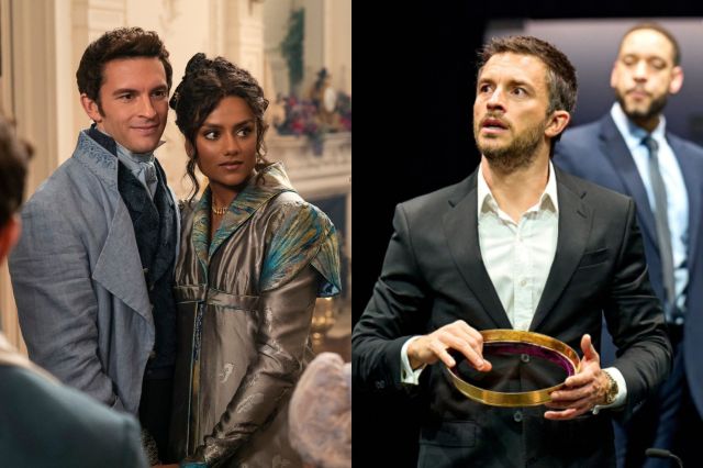 Jonathan Bailey and Simone Ashley in Bridgerton, and Bailey in Richard II