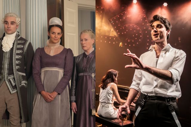 Oli Higginson as Footman John, Sophie Lamont as Celia, Geraldine Alexander as Mrs Wilson in Bridgerton, Higginson in The Last Five Years (1)