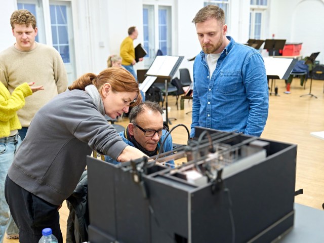Chris Jenkins (Gethin), Bunny Christie (Set and Costume Designer), Matthew Warchus (Director) and Ashley Andrews (Associate Choreographer) in rehearsal for Pride. Photographer Manuel Harlan 123