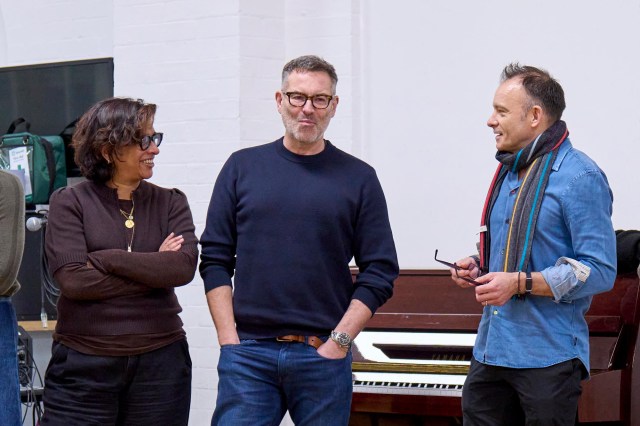 Indhu Rubasingham (Director and Joint Chief Executive, National Theatre), Stephen Beresford (Writer) and Matthew Warchus (Director) in rehearsals for new musical Pride. Photographer Manuel Harlan014