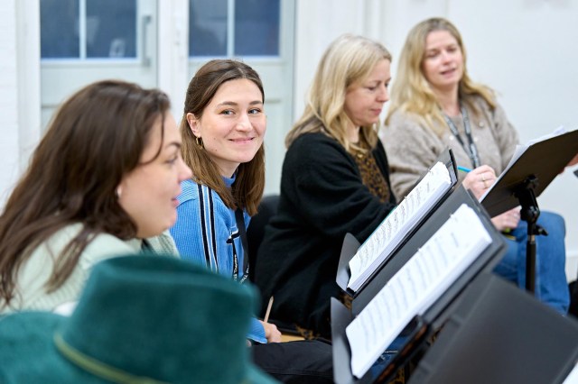 Sarah Pugh (Siân), Mared Williams (Margaret), Kirsty Malpass (Hefina) and Caroline Sheen (Maureen) in rehearsal for Pride. Photographer Manuel Harlan 133