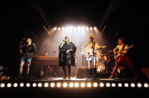 9. TEETH 'N' SMILES. Noah Weatherby (Inch), Rebecca Lucy Taylor (Maggie), Samuel Jordan (Smegs) and Jojo Macari (Peyote). Photo by Helen Murray