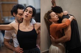 Aidan Turner (Vicomte de Valmont) and Lucia Chocarro (Émilie) and Lesley Manville (Marquise de Merteuil) and Darragh Hand (Chevalier Danceny) in rehearsal for Les Liaisons Dangereuses at National