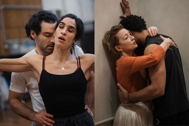 Aidan Turner (Vicomte de Valmont) and Lucia Chocarro (Émilie) and Lesley Manville (Marquise de Merteuil) and Darragh Hand (Chevalier Danceny) in rehearsal for Les Liaisons Dangereuses at National