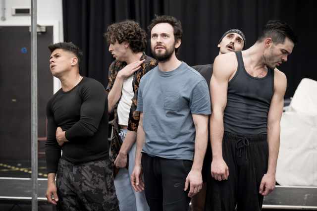 (L R) Damian Buhagiar (Guard), Fabian Soto Pacheco (Molina), George Blagden (Valentin), Alex Pinder (Ensemble) and Davide Fienauri (Ensemble) Photography by Marc Brenner