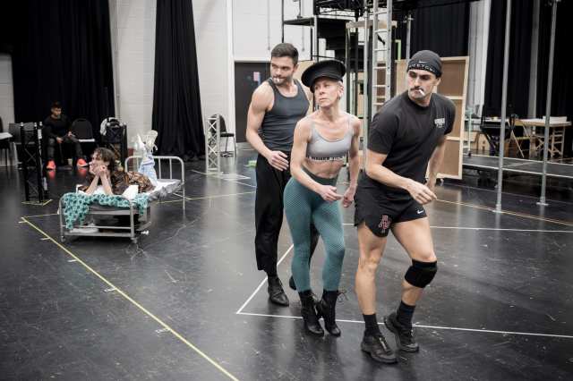 (L R) Fabian Soto Pacheco (Molina), Davide Fienauri (Ensemble), Anna Jane Casey (Aurora) and Alex Pinder (Ensemble) Photography by Marc Brenner