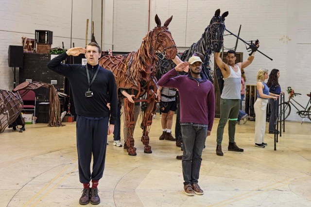 War Horse Rehearsals 2026 at the National Theatre L R Chris Williams, Daniel Rock, Wade Lewin 0446.P c Brinkhoff Moegenburg