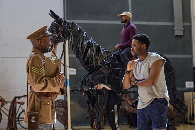 War Horse Rehearsals 2026 at the National Theatre L R Damian Lynch, Daniel Rock, Ike Bennett 0201.P c Brinkhoff Moegenburg
