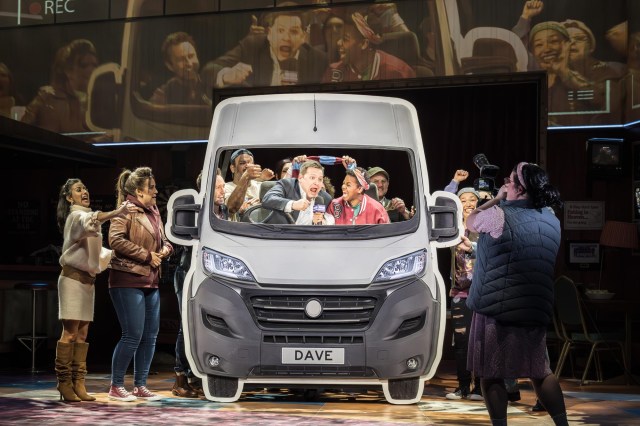 L R Sam Lupton as Dave, Althea Burey as Betty (Centre) & Cast in BANK OF DAVE, credit Marc Brenner L R Sam Lupton as Dave, Althea Burey as Betty (Centre) & Cast in BANK OF DAVE, credit Marc Brenner