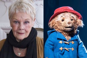 Left: an elderly woman with short blond hair wearing a black scarf; right: a brown puppet bear in a blue coat and red hat, against a dark backdrop.