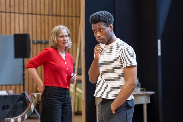 Abigail Cruttenden (Claire) and Freddie MacBruce (Allen) in rehearsal for The Misanthrope at the National Theatre. Photographer Marc Brenner 02128 Abigail Cruttenden (Claire) and Freddie MacBruce (Allen) in rehearsal for The Misanthrope at the National Theatre. Photographer Marc Brenner 02128