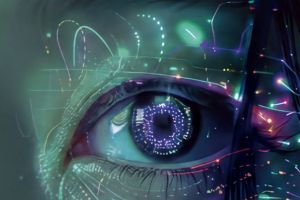 Close-up of a human eye with glowing neon lights and digital patterns reflected in the iris.