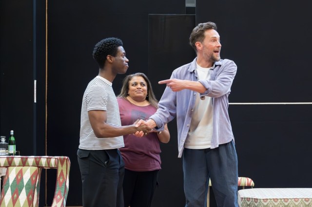 Freddie MacBruce (Allen), Rina Fatania (Indira) and Tom Mison (Stefan) in rehearsal for The Misanthrope at the National Theatre. Photographer Marc Brenner 05208 Freddie MacBruce (Allen), Rina Fatania (Indira) and Tom Mison (Stefan) in rehearsal for The Misanthrope at the National Theatre. Photographer Marc Brenner 05208