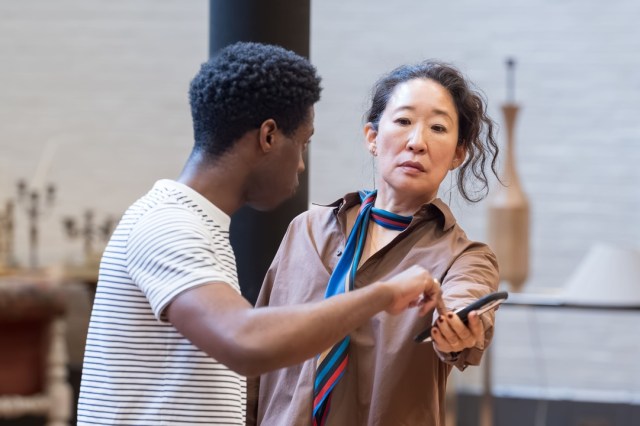Freddie MacBruce (Allen) and Sandra Oh (Alice) in rehearsal for The Misanthrope at the National Theatre. Photographer Marc Brenner01207 Freddie MacBruce (Allen) and Sandra Oh (Alice) in rehearsal for The Misanthrope at the National Theatre. Photographer Marc Brenner01207