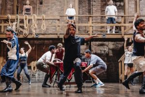 Leslie Odom, Jr. and the cast in rehearsals for Hamilton