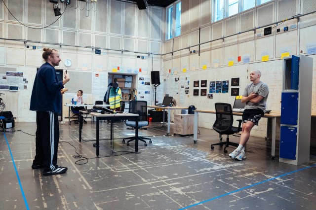 Russell Tovey and Felix Barrett in rehearsals for THE GUILTY Donmar Warehouse photo by Helen Murray