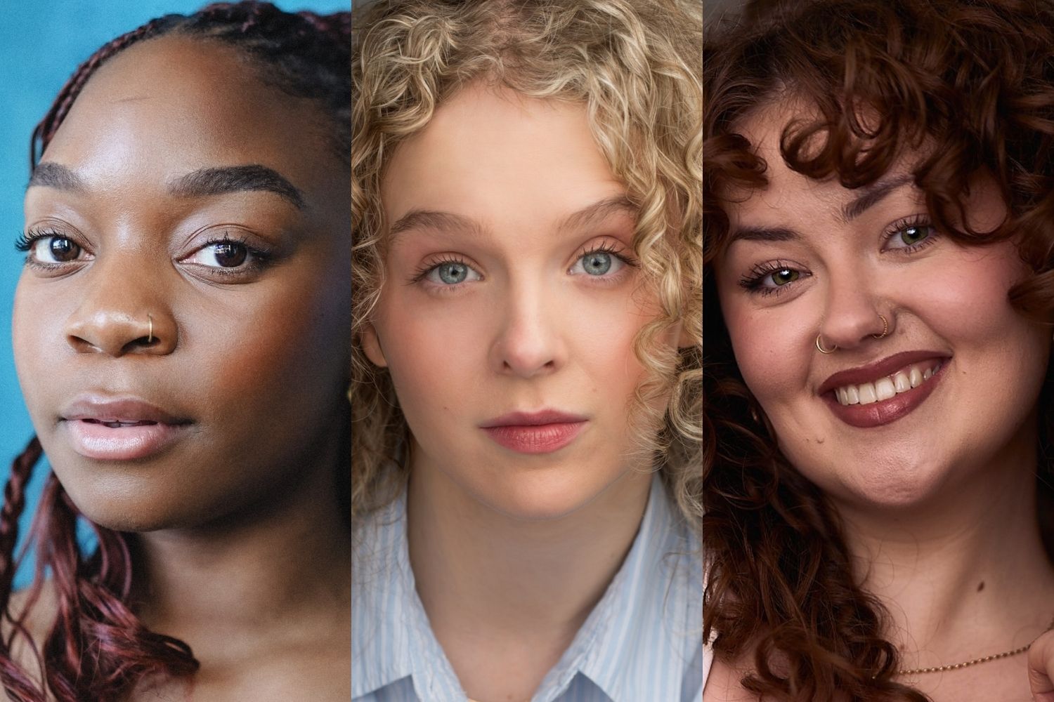 Close-up collage of three diverse women: left a Black woman with braided hair and nose ring against a blue background, center a blonde woman with curly hair and blue eyes wearing a light striped shirt, right a woman with curly brown hair and nose ring smiling.
