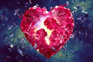 Shattered pink heart made of glass fragments with a glowing center, floating in a colorful space-themed background, symbolizing heartbreak or broken love.