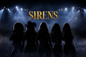 Poster for Sirens: five silhouetted performers on a dark stage with blue spotlights above the gold title.