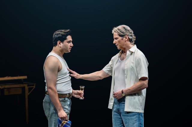 (L to R) Lucca Chadwick Patel (Roy Bobby Mark Pete) and Nigel Harman (Bruce Bechdel) in Fun Home at the Royal Exchange Theatre c. Johan Persson (L to R) Lucca Chadwick Patel (Roy Bobby Mark Pete) and Nigel Harman (Bruce Bechdel) in Fun Home at the Royal Exchange Theatre c. Johan Persson