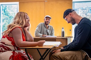 Table 17 at Kiln Theatre. Marisha Wallace, Michael Rishawn and Jamael Westman in rehearsals. Credit Steve Gregson. 1171