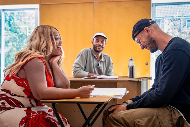 Table 17 at Kiln Theatre. Marisha Wallace, Michael Rishawn and Jamael Westman in rehearsals. Credit Steve Gregson. 1171 Table 17 at Kiln Theatre. Marisha Wallace, Michael Rishawn and Jamael Westman in rehearsals. Credit Steve Gregson. 1171