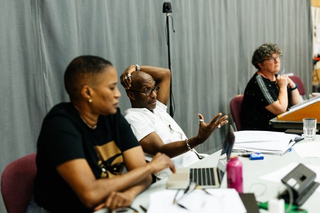 Tracey Scott Wilson (playwright), Clint Dyer (director) and The Story creative team in rehearsals © Feruza Afeweki 49 Tracey Scott Wilson (playwright), Clint Dyer (director) and The Story creative team in rehearsals © Feruza Afeweki 49
