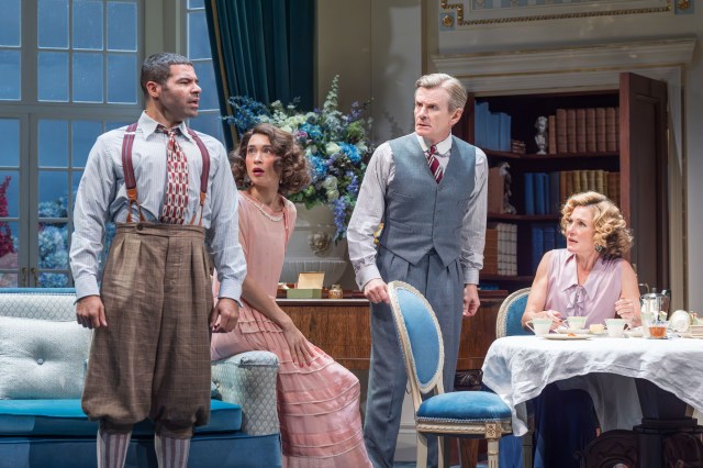 HAY FEVER. Ash Hunter (Sandy Tyrell), Lucy Karczewski (Jackie Coryton), Charles Edwards (Richard Greatham) and Nancy Carroll (Myra Arundel). Photo Marc Brenner HAY FEVER. Ash Hunter (Sandy Tyrell), Lucy Karczewski (Jackie Coryton), Charles Edwards (Richard Greatham) and Nancy Carroll (Myra Arundel). Photo Marc Brenner