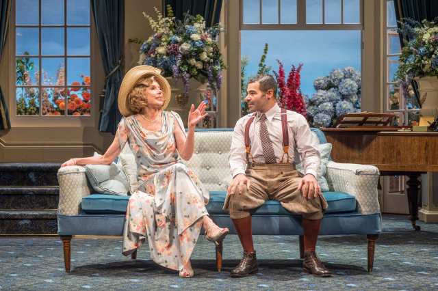 HAY FEVER. Christine Baranski (Judith Bliss) and Ash Hunter (Sandy Tyrell). Photo Marc Brenner HAY FEVER. Christine Baranski (Judith Bliss) and Ash Hunter (Sandy Tyrell). Photo Marc Brenner