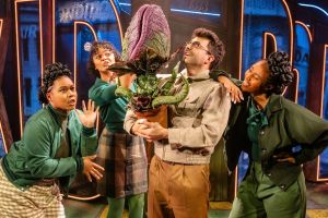 Seymour (Jed Berry) with Crystal (Psalsms Nissi Myers Reid), Chiffon (Rio Maye), Ronetta (Gabrielle Davina Smith) Photo Danny Kaan