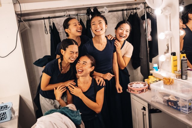 Clockwise from the front Michelle Miners, Yui Minari, Chui Yen, Sera Maehara, Sango Tajima My Neighbour Totoro backstage at the Gillian Lynne Theatre photo by Danny Kaan Clockwise from the front Michelle Miners, Yui Minari, Chui Yen, Sera Maehara, Sango Tajima My Neighbour Totoro backstage at the Gillian Lynne Theatre photo by Danny Kaan