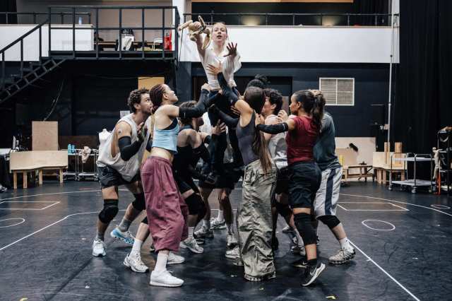 Daisy Statham (center) & company in rehearsals for The Hunger Games On Stage credit Danny Kaan Daisy Statham (center) & company in rehearsals for The Hunger Games On Stage credit Danny Kaan