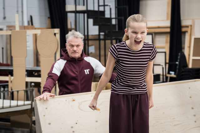 (L R) Darren Bennet (Mr Salt) and Matilda Hennessy (Veruca Salt) CHARLIE AND THE CHOCOLATE FACTORY in rehearsals photo Marc Brenner