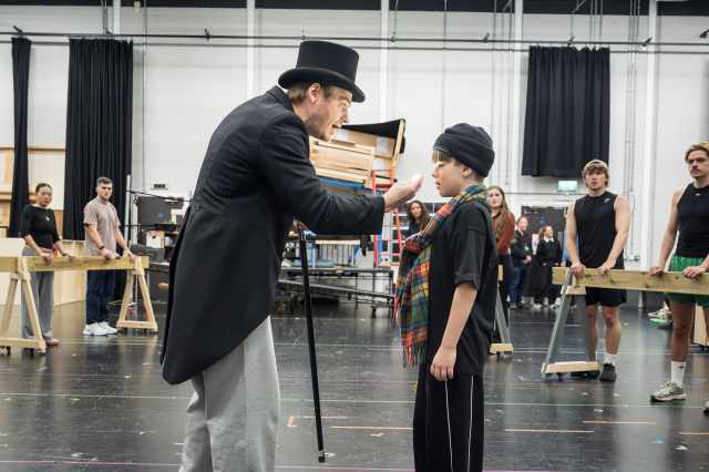 (L R) Jonny Fines (Willy Wonka) and Lucas Kerr (Charlie Bucket) CHARLIE AND THE CHOCOLATE FACTORY in rehearsals Photo Marc Brenner