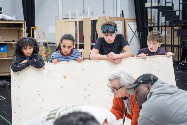 (L R) Rose Jammeh (Veruca Salt), Matida Nyamuda (Violet Beauregarde), Leo Hollingsworth (Mike Teavee) and Thomas Burton (Augustus Gloop) CHARLIE AND THE CHOCOLATE FACTORY in Rehearsals Photo Marc Brenner
