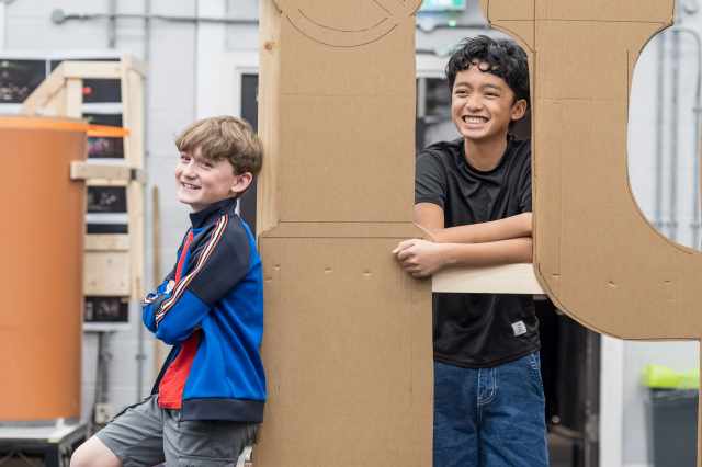(L R) William Stafford (Charlie Bucket) and Jett Moises (Charlie Bucket) CHARLIE AND THE CHOCOLATE FACTORY in Rehearsals Photo Marc Brenner
